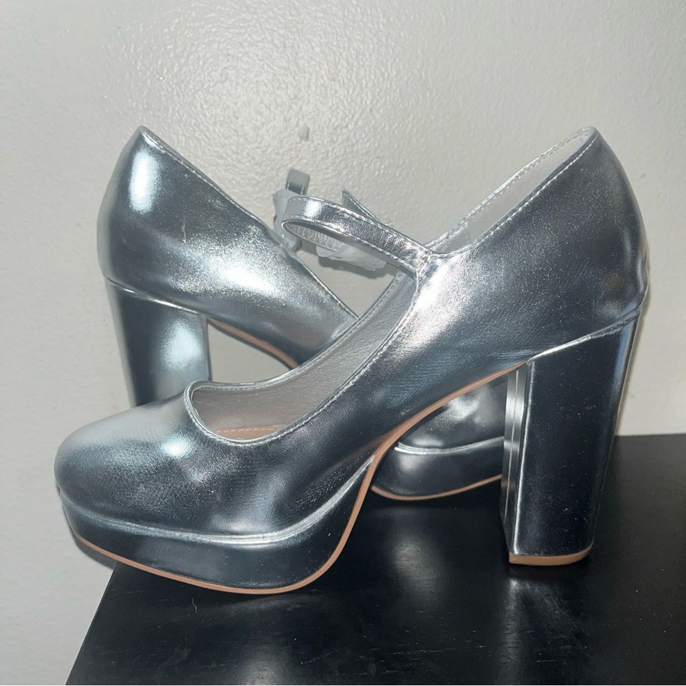 Perphy Platform Mary Janes Block Heels Pumps for Women Metallic Silver Sz 8 - Picture 7 of 12